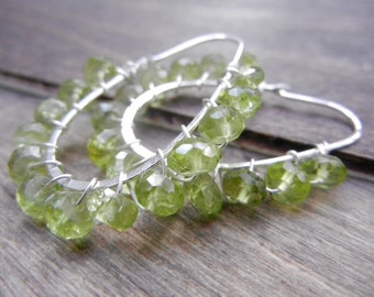 Green Peridot Hoop Earrings, Gemstone Hoops Sterling Silver, Peridot Hoops, August Birthstone, Simple Peridot Earrings