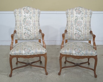 44697EC: Pair French Louis XV Style Upholstered Open Arm Chairs