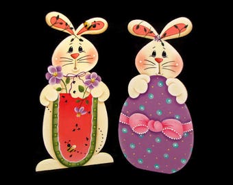 Bunny with Easter Egg or Watermelon Shelf Sitter, Handpainted Wood, Hand Painted Easter Home Decor, Tole Decorative Painting, B6