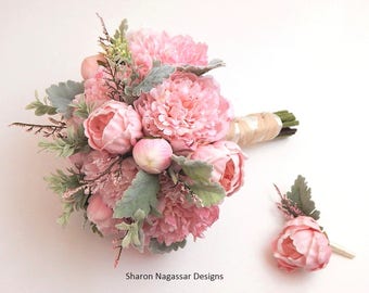 Pink/blush, grey/green, silk, dusty miller, peony/peonies, wedding, bouquet, boutonniere, Real Touch flowers, set, package