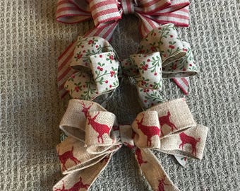 Handmade burlap or ribbon bows, use for wreaths and other crafts, Christmas holiday prints