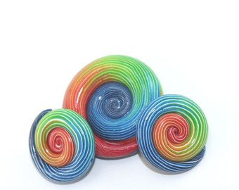 Polymer Clay colorful beads with unique stripes, elegant gradient spiral beads in rainbow colors, set of 3 Ombre beads for Jewelry making
