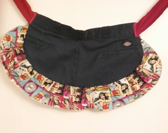 Women's Ruffled Half Market Apron, Recycled Gardening Pocket Waist Apron, Handmade Patchwork Utility Festival Belt, Waitress Server Kitchen