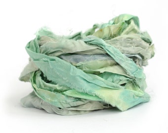 Recycled sari silk ribbon handdyed in Mermaids Tail, 10metre length, textile arts, mixed media jewellery making, limpet shell pale blue mint