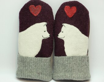 Wool Mittens Sweater Recycled Wool Mittens Dark Wine Red White and Gray Samoyed Applique Leather Palm Fleece Lining Eco Friendly Size M