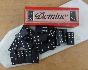 Vintage Set of Wooden Dominos with White Dots, Complete Set of 28 in Box