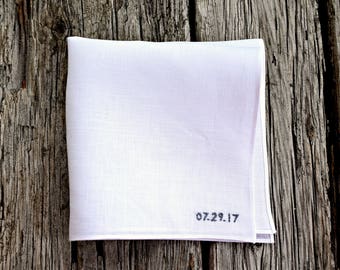Embroidered Handkerchief with Wedding Date, Wedding Pocket Square, Personalized White Linen Hankerchief Wedding Day Embroidered Handkerchief