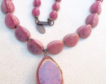 MIRIAM HASKELL Vintage Necklace Pink Art Glass Beads & Pendant