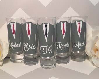 Personalized Shot Glasses with Tuxes, Groomsmen Wedding Glasses, will you be my groomsman, groomsman gifts, wedding party gifts
