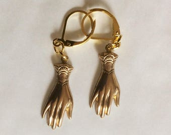 Pair of hands earrings Two hand Victorian style cuff top raw brass gold tone cuff loop charms Wedding Engagement