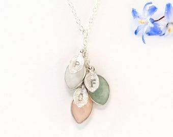 Custom Family Necklace For Mom, Nana Gift, Sterling Silver Initial Necklace, Grandma Gift, Hand Stamped Leaf Initial Necklace