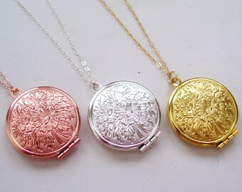 Round Rose Gold Locket Necklace, Gold Floral Locket, Bridal Locket, Gold Filled Chain, Embossed Locket, Silver Locket Pendant, Mother's Day