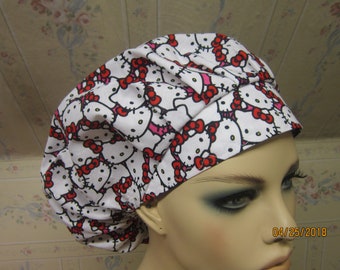 HELLO KITTY BOUFFANT style scrub hat /handmade /surgical / medical-adjustable