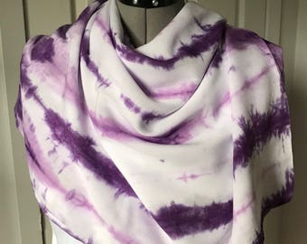 Wide scarf, violet and purple scarf, rayon scarf, shibori stripes, rolled and tied, 20 x 70, (WR10.3)