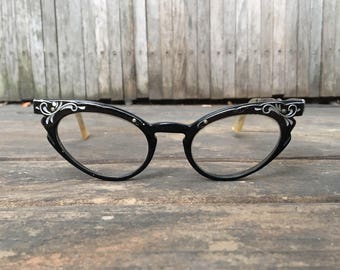 1950s Black Ornate Cat's Eye Glasses