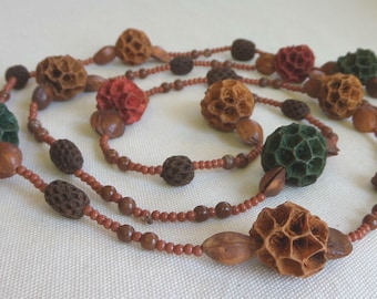 Seed Pod Necklace 1970's 48 inch Long Natural Seed & Bead Jewelry