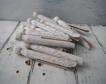 french script weathered pegs old fashioned pegs hand stamped primitive pegs rustic white stamped pegs dolly pegs shabby cottage chic 6 PC