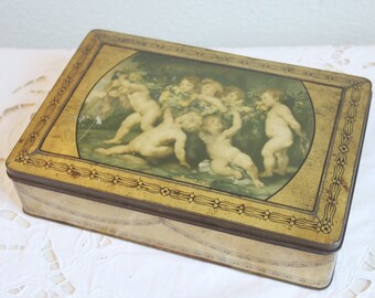 Vintage Gold Biscuit Tin with Cherub Decor, Parein Belgium