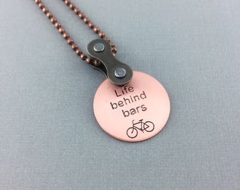 Life behind bars bike chain necklace, bicycle jewelry, cycling pendant, fixie jewelry, mtb accessory, bmx gift, road bike present