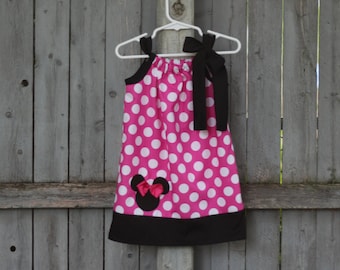Pink Minnie Mouse Dress, Disney Minnie Mouse Polka Dot Pillowcase Dress with Applique, Minnie Mouse Birthday Dress