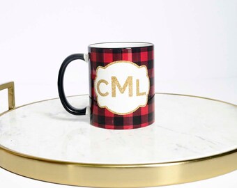 Christmas Monogram Mug, Christmas Mug Monogram, Personalized Monogram Mug, Christmas Mug, Buffalo Plaid Christmas Decor, Buffalo Plaid Mug