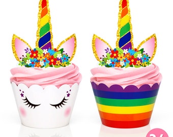 Rainbow Unicorn Party Supplies - Cupcake Toppers + Wrappers + 2 in 1 - Set of 24 /Get it fast! Ready to ship
