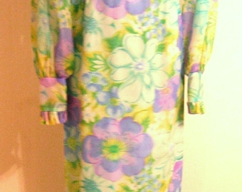 Vintage 1970s Empire Waist Maxi Dress Large Bold Floral (purple/blue yellow)