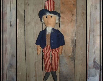 SALE mailed paper pattern simple Primitive folk art Uncle Sam needle stitched nose rag doll HAFAIR OFG faap 129