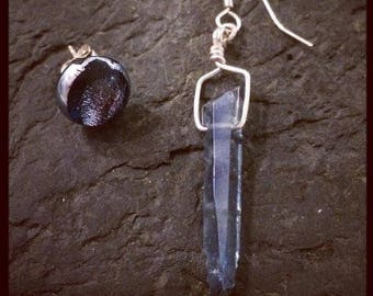 Raw Titanium Quarts / Rainbow Dichroic Glass / Sterling Silver Earrings