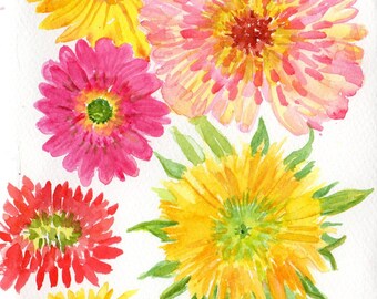 Flowers watercolor painting, Gerbera daisies, dwarf Teddy Bear Sunflowers, zinnias watercolors paintings original, flowers painting floral