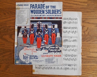 Parade of Wooden Soldiers Sheet Music, La Parade Des Soldats DeBois, 1933, Great Cover Graphic Soldiers on Parade, Red and Blue and Old