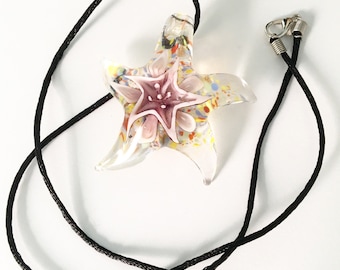Multicolored lampwork glass starfish necklace