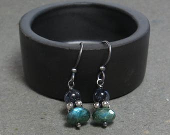 Green, Blue Labradorite Earrings Oxidized Sterling Silver Petite Minimalist Earrings Gift for Her Gemstone Stack