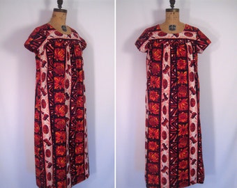 1960s 1970s tiki print maxi dress • 60s 70s Ui-Maikai tribal print muu muu dress • vintage hawaiian dress