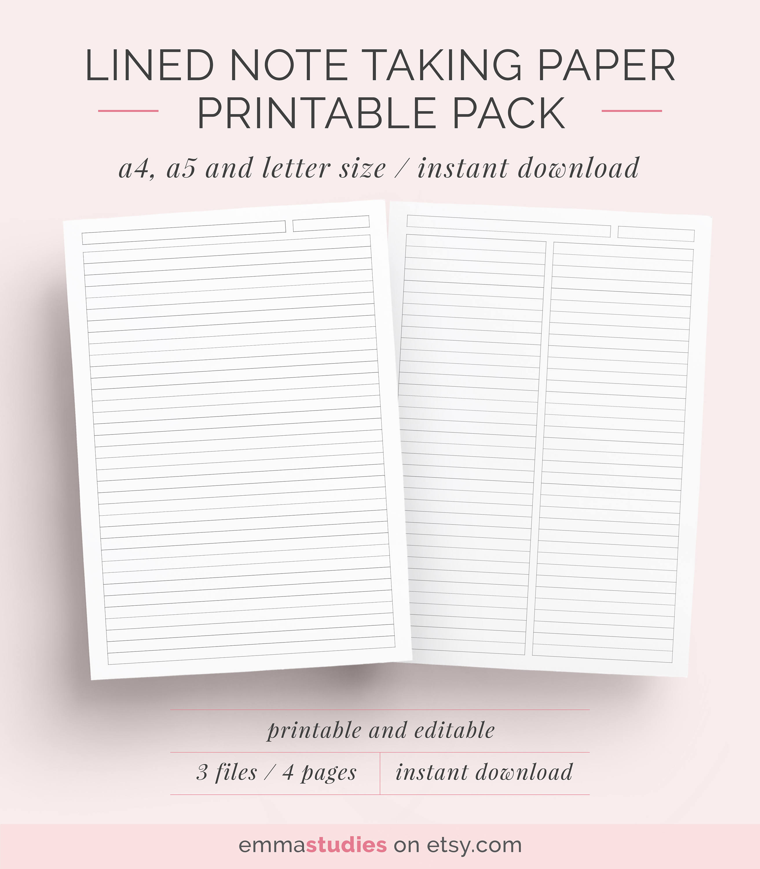 lined paper student note taking printable set a4 a5 and