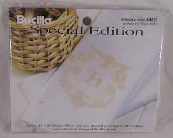 Bucilla Stamped Cross Stitch Kit Monogram Towels 64691 FREE Shipping USA