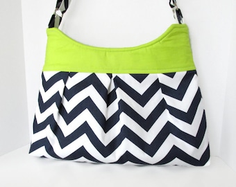 Chevron Purse Pleated Diaper Bag Navy Blue with Lime Green Accent Lining Adjustable Strap