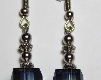 Blue Cube Crystal and Silver Earrings