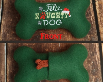 Feliz Naughty Dog Christmas Dog Toy Stuffed Squeaky Dog Bone