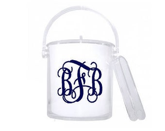 Monogrammed ice bucket with tongs. Personalized clear acrylic ice bucket with tongs. Free vinyl monogram decal!