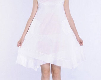 white cotton linen irregular hem dress