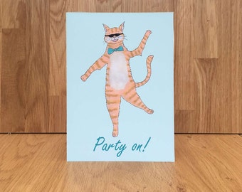 Party on! Ginger cat birthday card, 7x5 inch