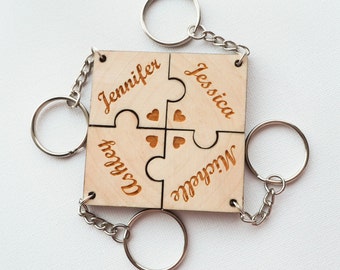 REAL WOOD Best Friend Key Chain Set-Set of 4 puzzle piece keychains-Personalized Keychains-Best Friend Gift-Anniversary/Valentine's Gift
