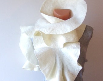 Clothing gift Felted scarf ruffle collar White ruffle scarf women scarf by GalaFilc gift for her outdoors gift