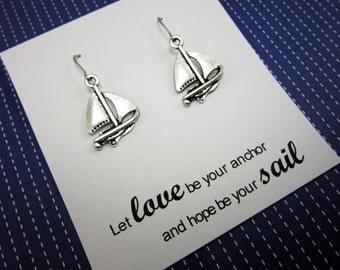 Antique Silver Nautical Earrings, boat earrings, ship earrings, nautical jewelry ship jewelry, surgical steel, motivational, E10230