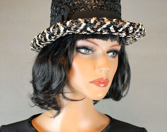 Raffia Bowler Hat S 6 3/4 Vintage 60s Black White Brown Shiny Straw Bow Accent Free US Shipping