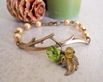 Garden Twig Friendship bracelet, leaf charm bracelet, bangle, cuff, gold pearls, bridal, Wedding, gift