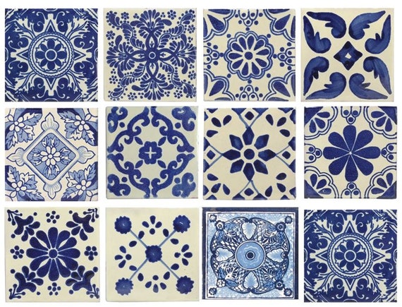 10 Large Blue & White Mexican or Spanish Style Tiles for Home