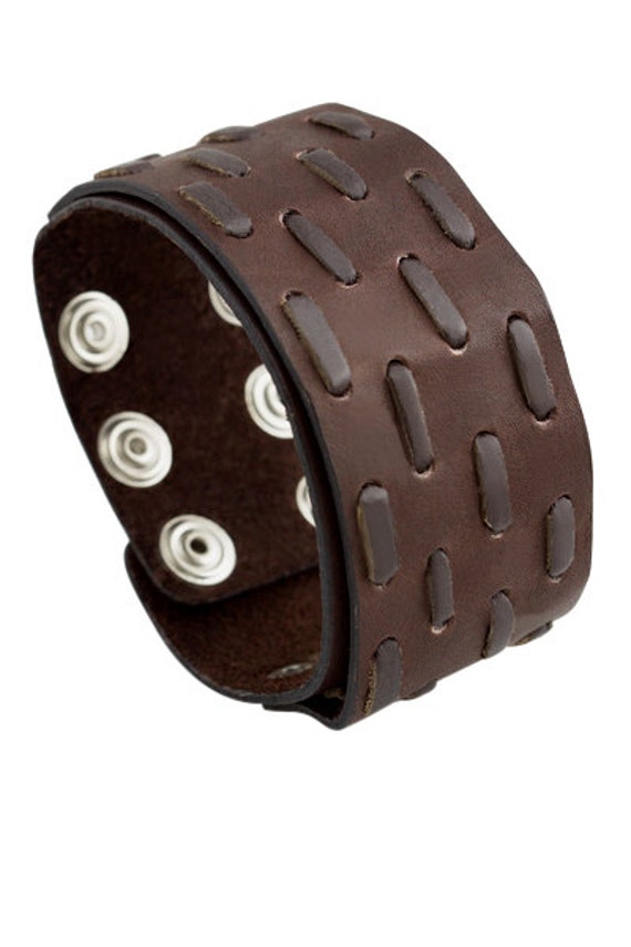 Wide threads leather band Brown double layer bracelet that