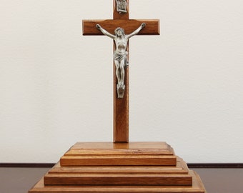 10 1/2" Tall Vintage 1950s Wood Standing Crucifix on 3-Tiered Stand with Hidden Compartment